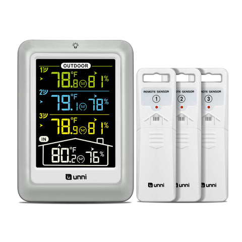 U UNNI indoor outdoor thermometer display with clear readings for temperature and humidity.