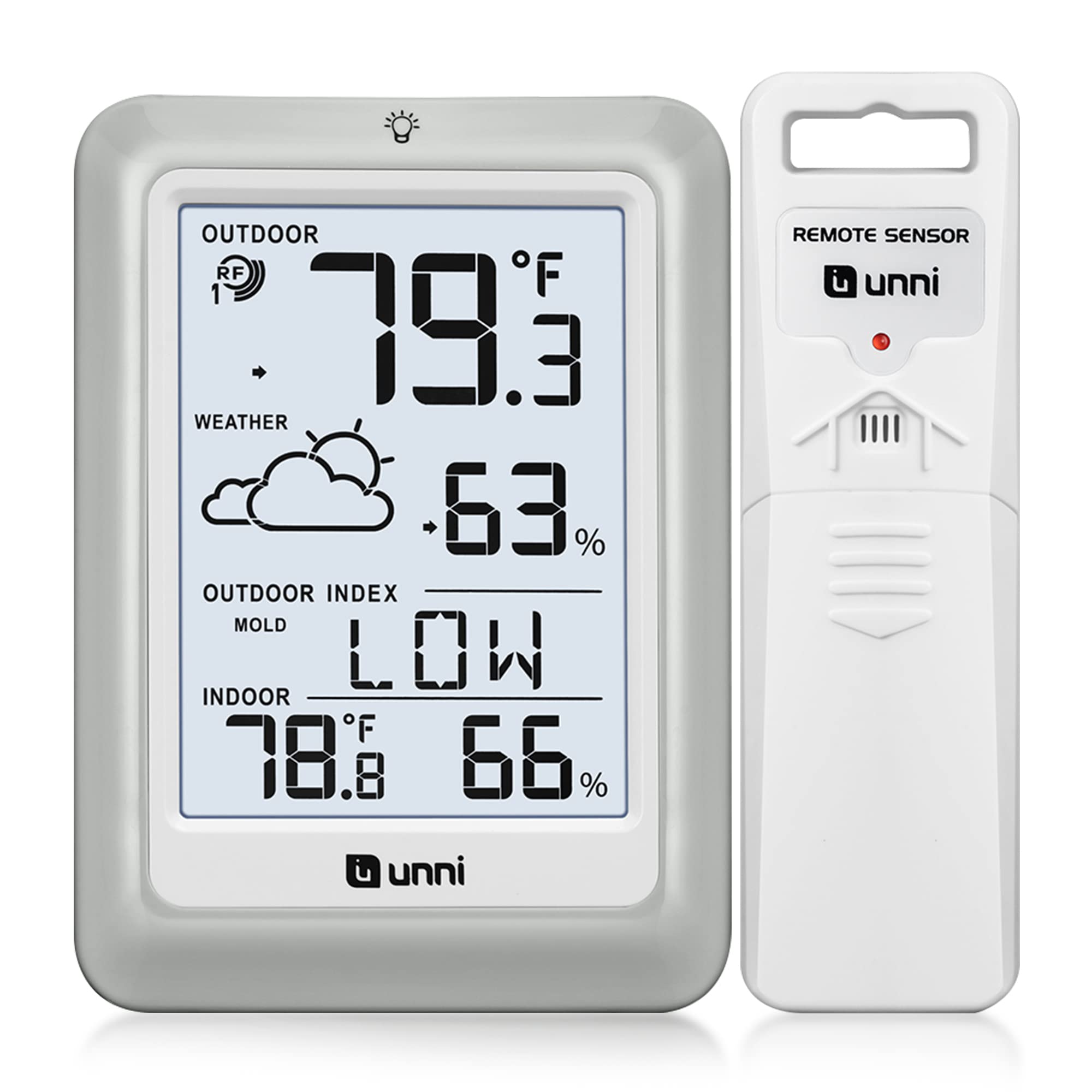 U UNNI indoor-outdoor thermometer display enables quick temperature and humidity checks.