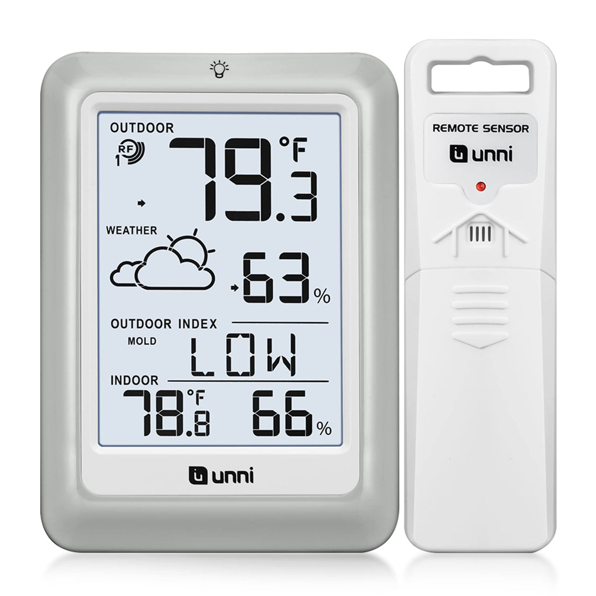 U UNNI indoor-outdoor thermometer display enables quick temperature and humidity checks.