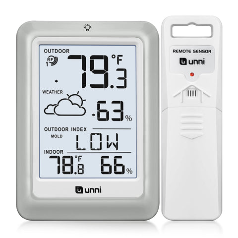 U UNNI indoor-outdoor thermometer display enables quick temperature and humidity checks.