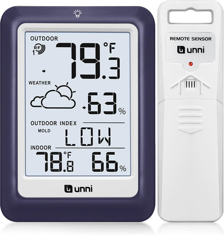 UNNI indoor-outdoor thermometer display shows temperature and humidity at a glance for quick climate checks.