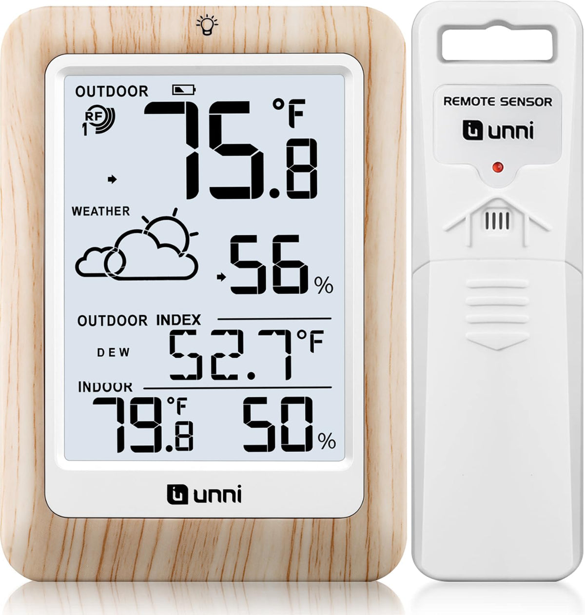 Unni indoor-outdoor thermometer with wood finish shows clear readings at a glance.