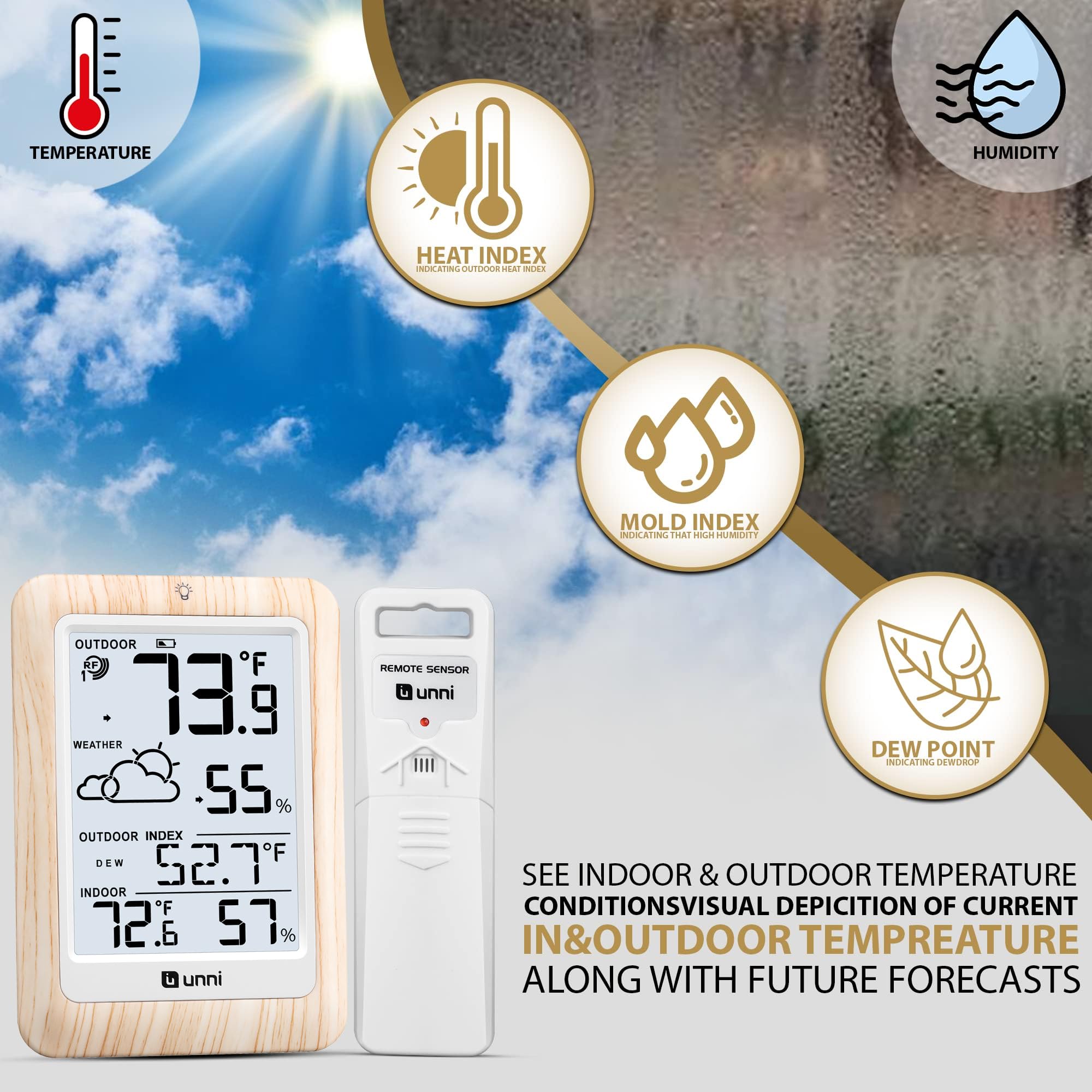 Unni outdoor wireless sensor enables accurate remote temperature and humidity monitoring.