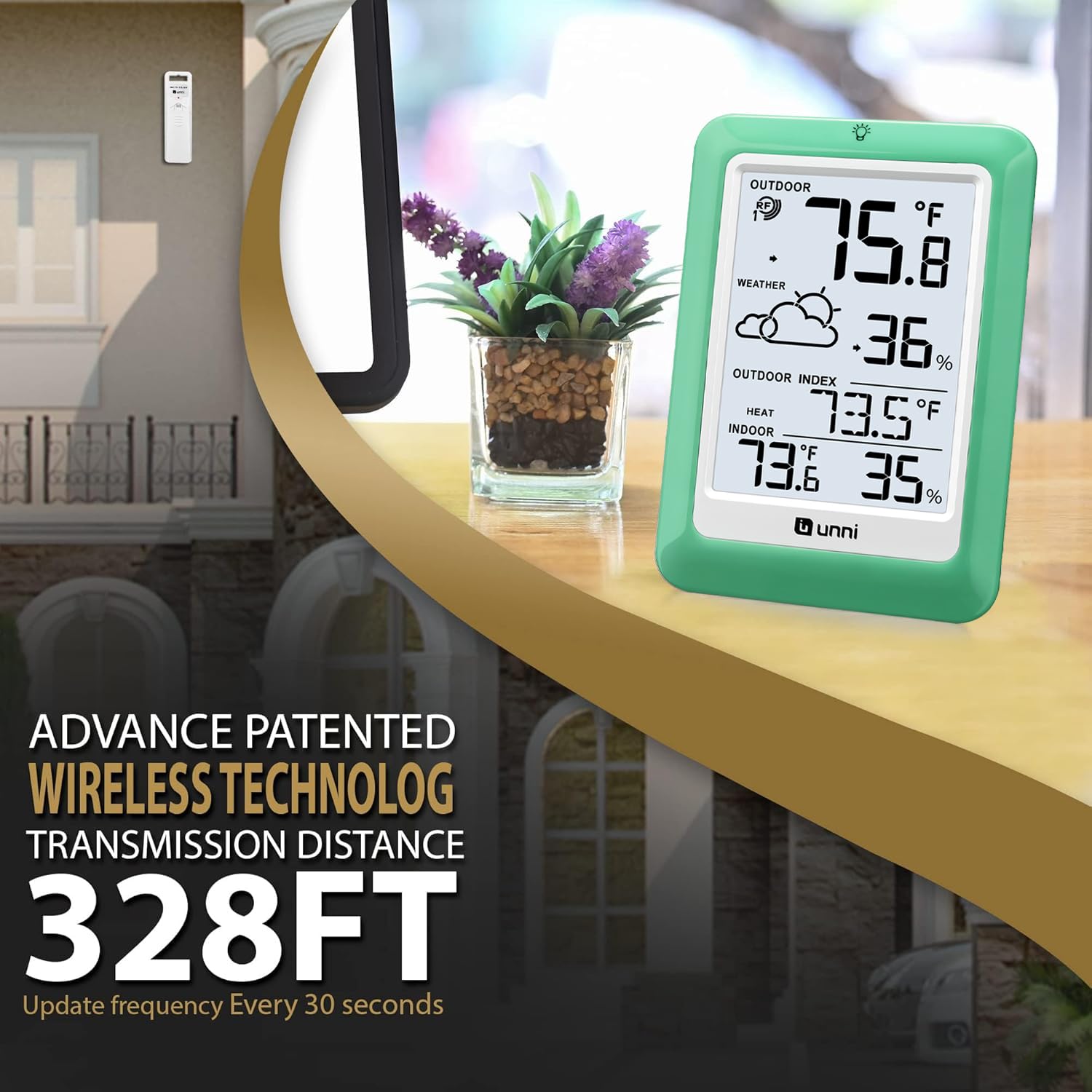 U UNNI remote sensor outdoor provides accurate outdoor readings for porch or yard monitoring.