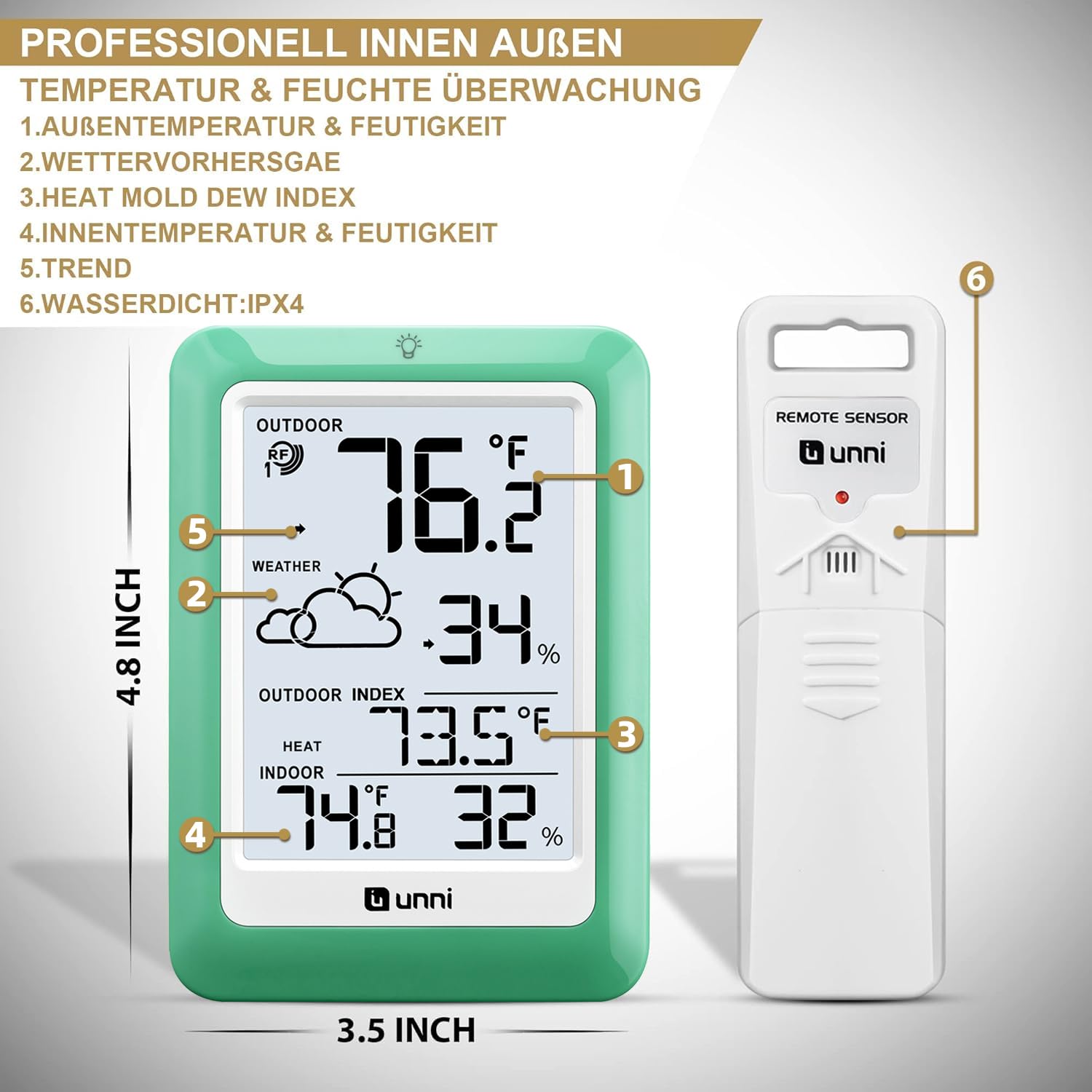 U UNNI weather indicators include dew point and mold index for informed decisions.