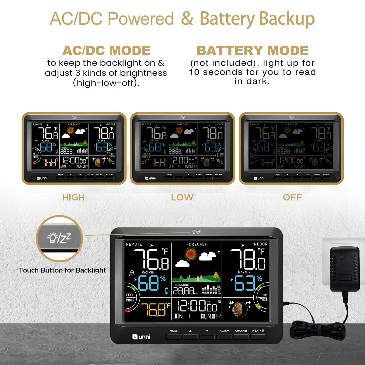 U UNNI Atomic clock sync delivers WWVB time updates for automatic time setting.