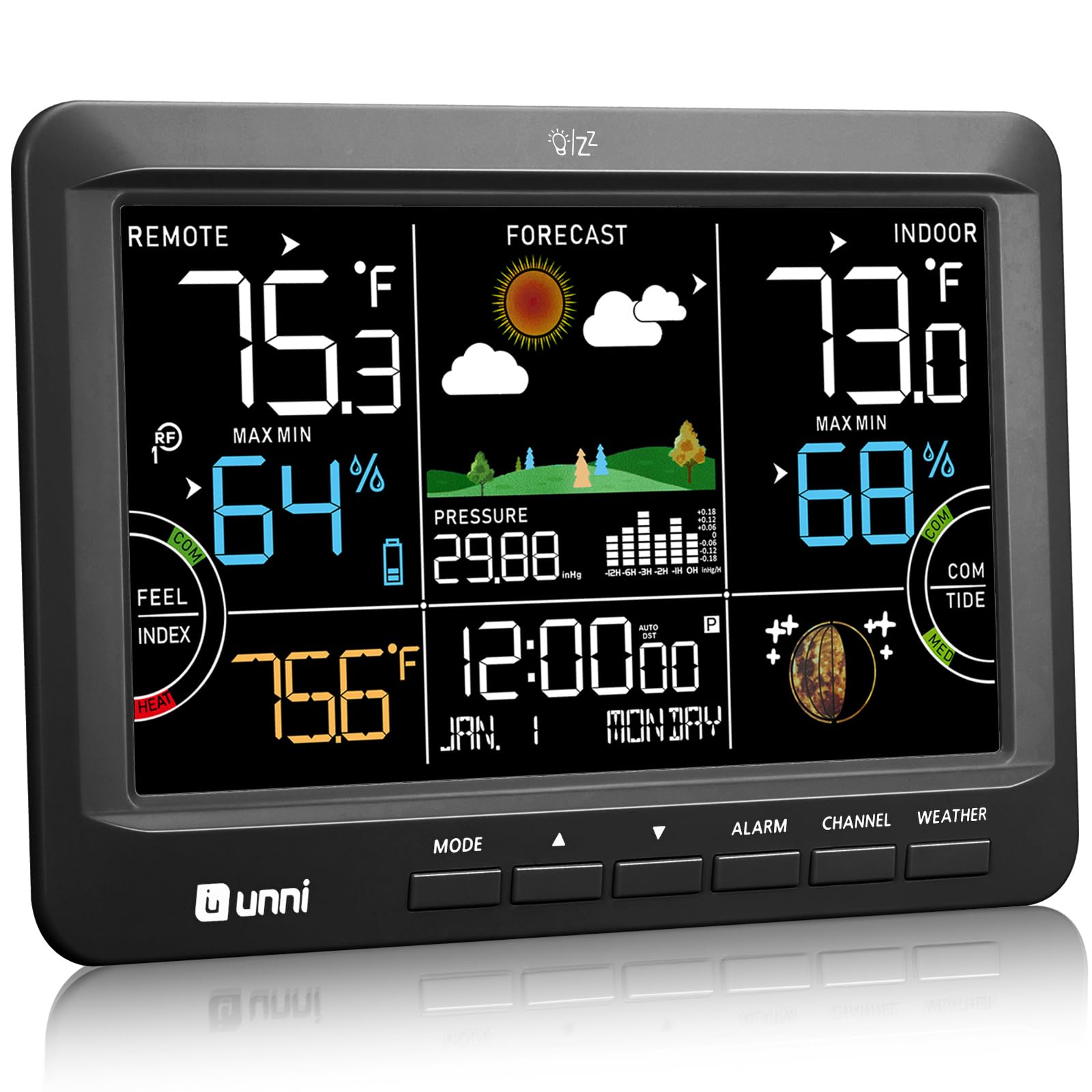 U UNNI Weather Station front display shows large numbers for quick temperature checks.