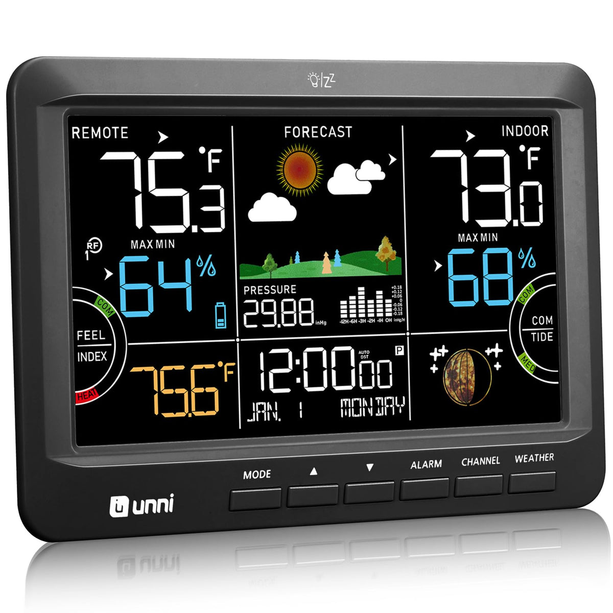 U UNNI Weather Station front display shows large numbers for quick temperature checks.