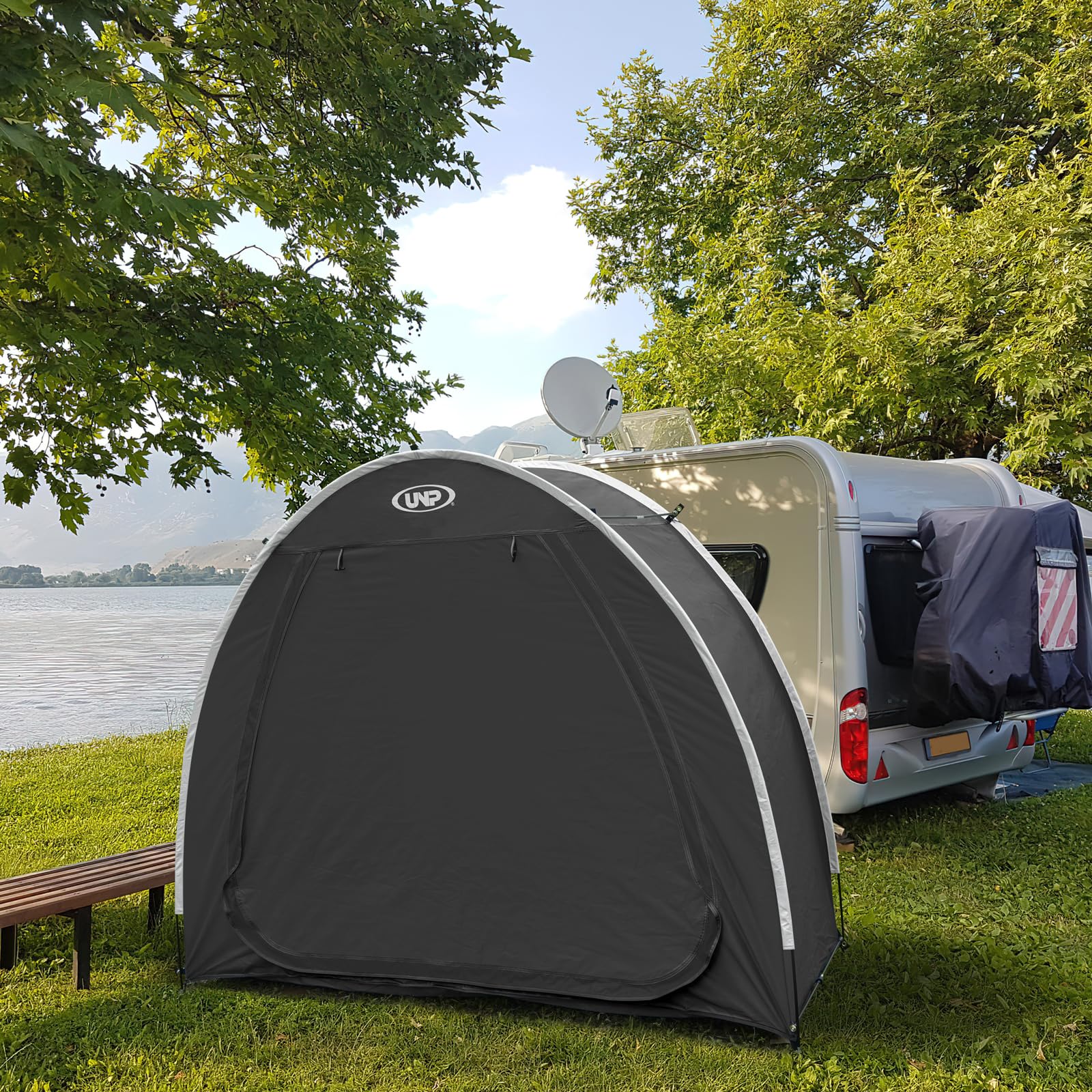 UNP bike storage shed tent fabric close-up highlights 210D oxford and PU coating.