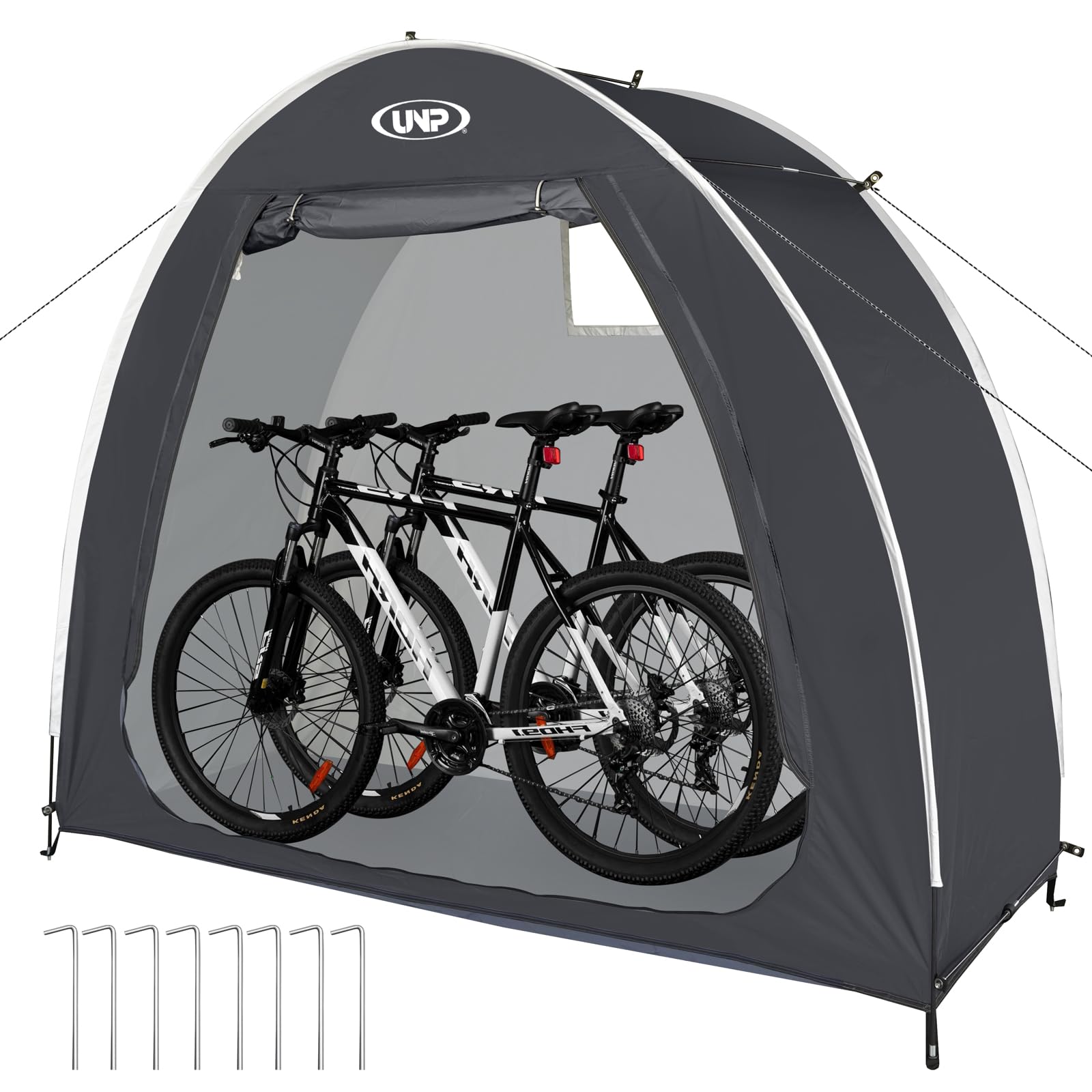 UNP bike storage shed tent front view demonstrates rugged waterproof exterior for outdoor protection.