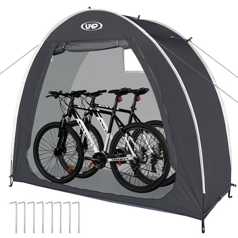 UNP bike storage shed tent front view demonstrates rugged waterproof exterior for outdoor protection.