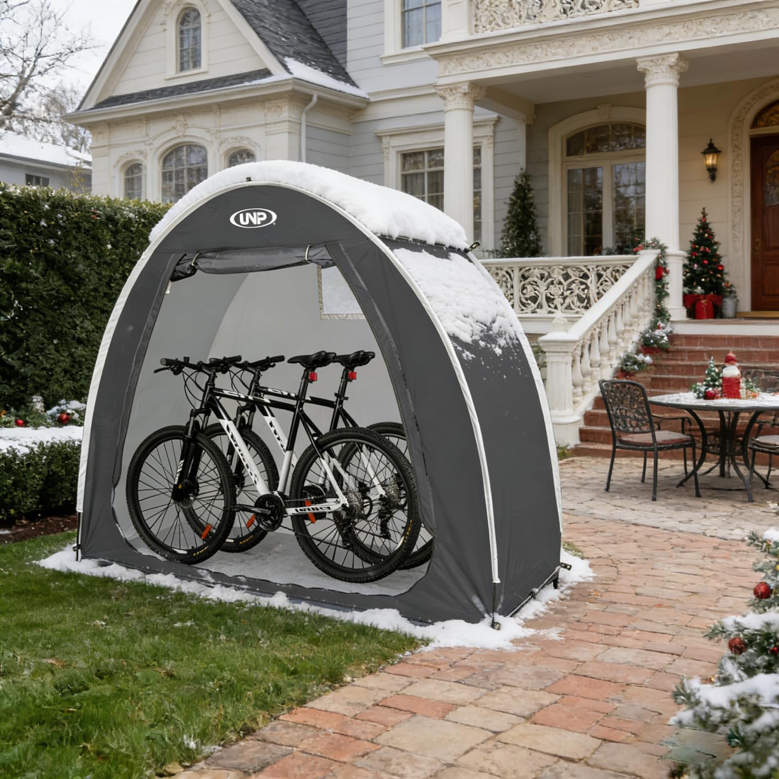 UNP bike storage shed tent interior with bicycles demonstrates spacious organization.