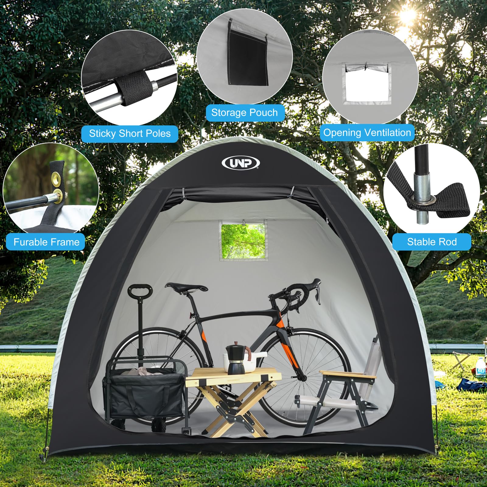 UNP bike storage shed tent open door shows easy access and full coverage.