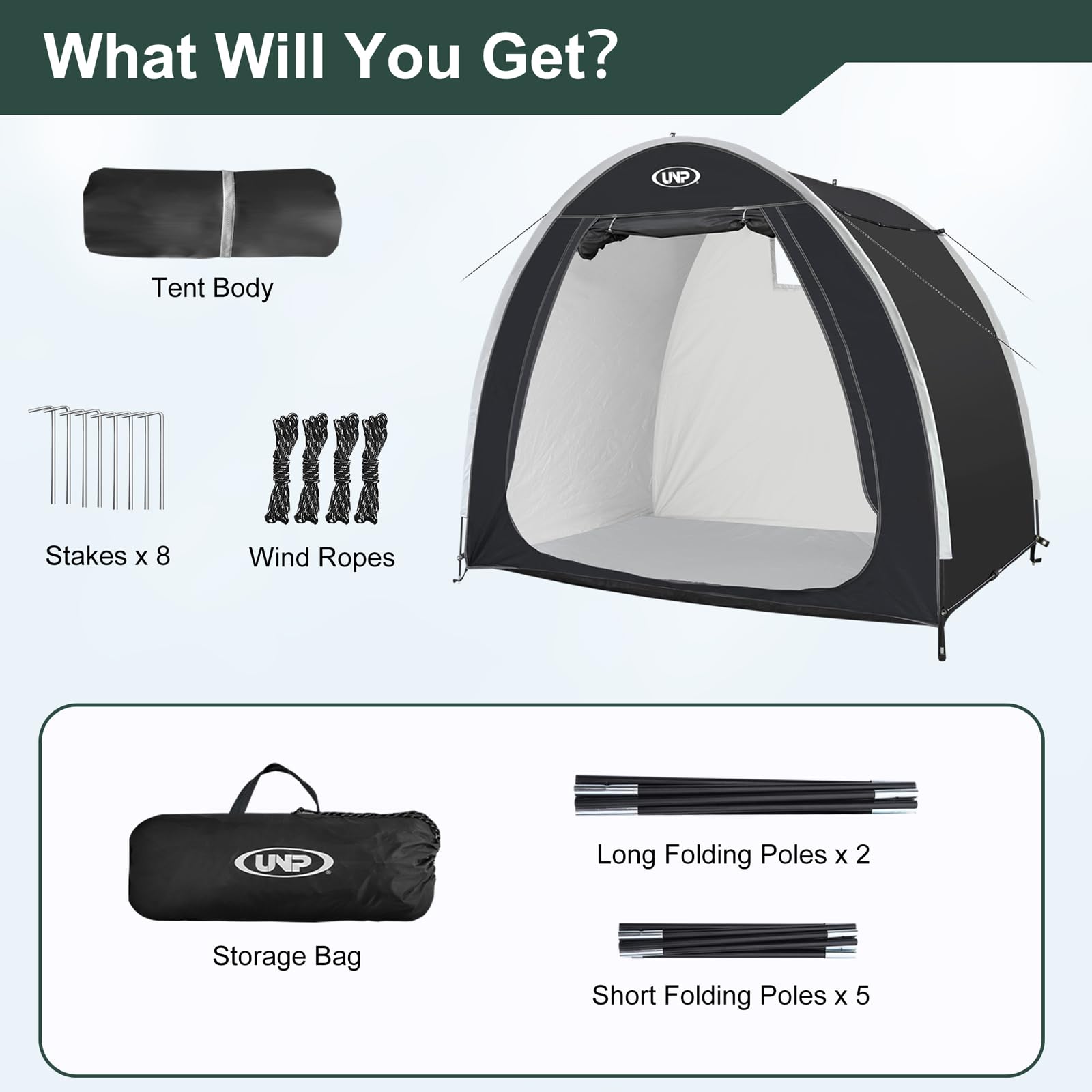 UNP bike storage shed tent outdoors in use demonstrates versatile storage for tools.