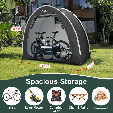 UNP bike storage shed tent side view highlights sturdy frame for long-lasting use.