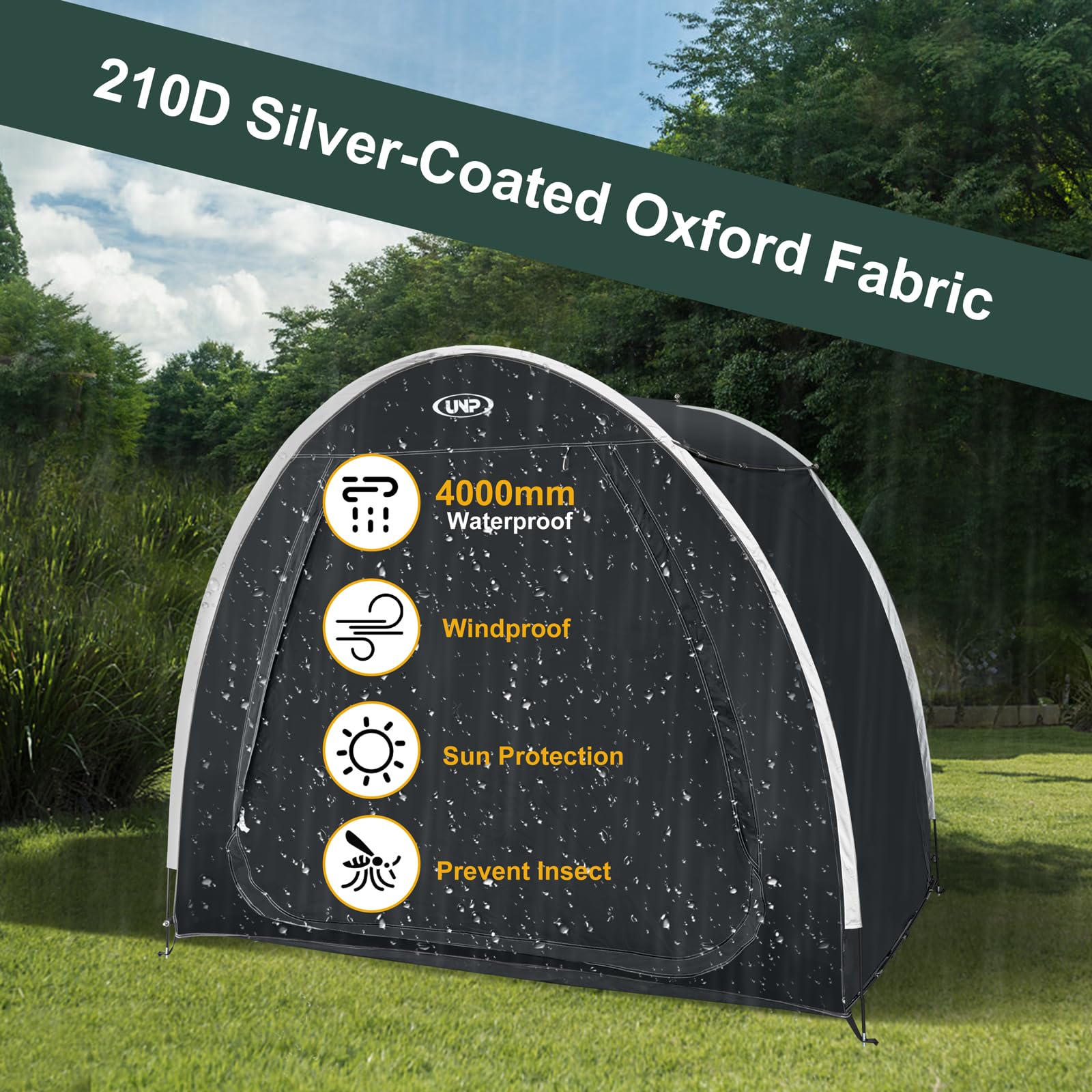 UNP bike storage shed tent stakes and poles support reliable setup in any weather.