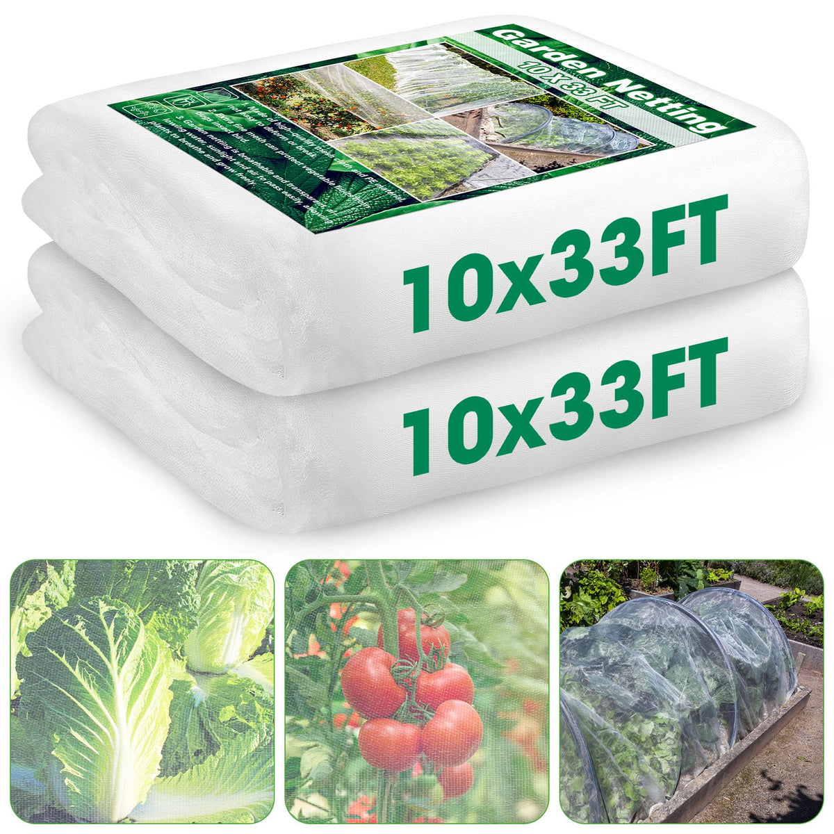 Unves 2-pack 10x33ft garden netting spread over beds to protect crops.