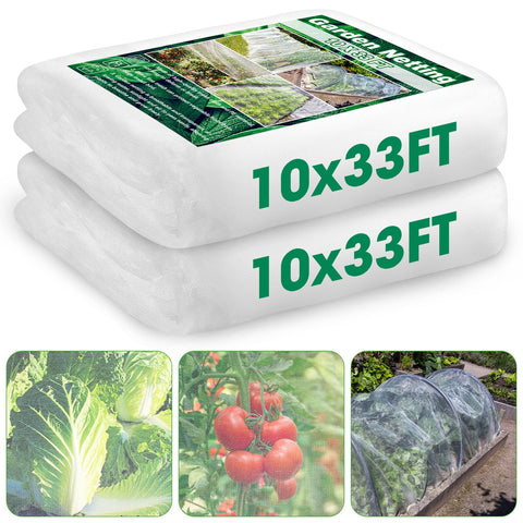 Unves 2-pack 10x33ft garden netting spread over beds to protect crops.