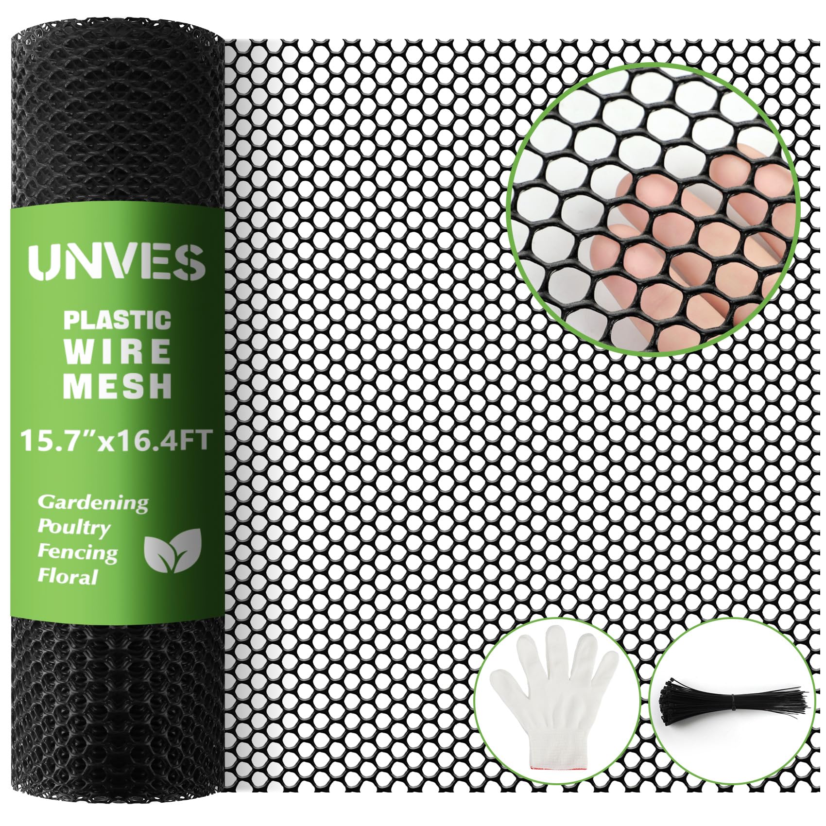 Unves chicken wire plastic mesh roll showing 15.7in by 16.4ft for easy DIY fencing