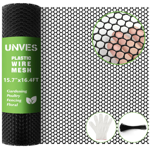 Unves chicken wire plastic mesh roll showing 15.7in by 16.4ft for easy DIY fencing
