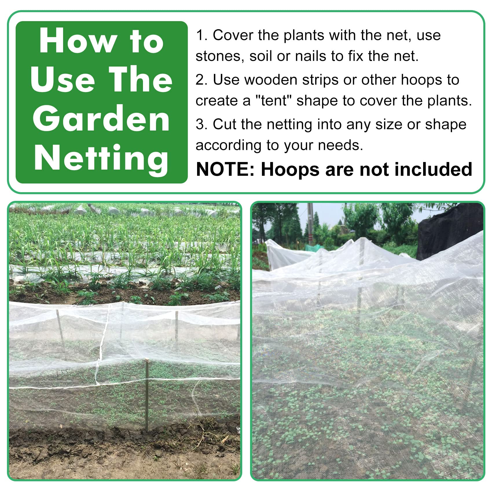 Unves durable garden netting material stands up to sun and rain.
