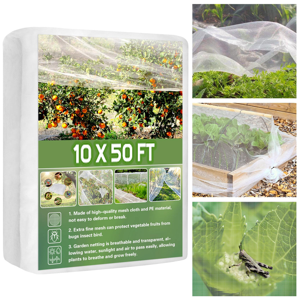 Unves garden netting spread over raised bed protecting vegetables from birds and pests