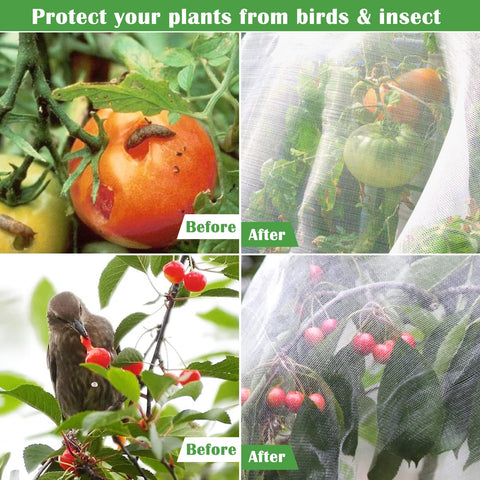 Unves white garden mesh plant cover blends with greenery and guards against pests.