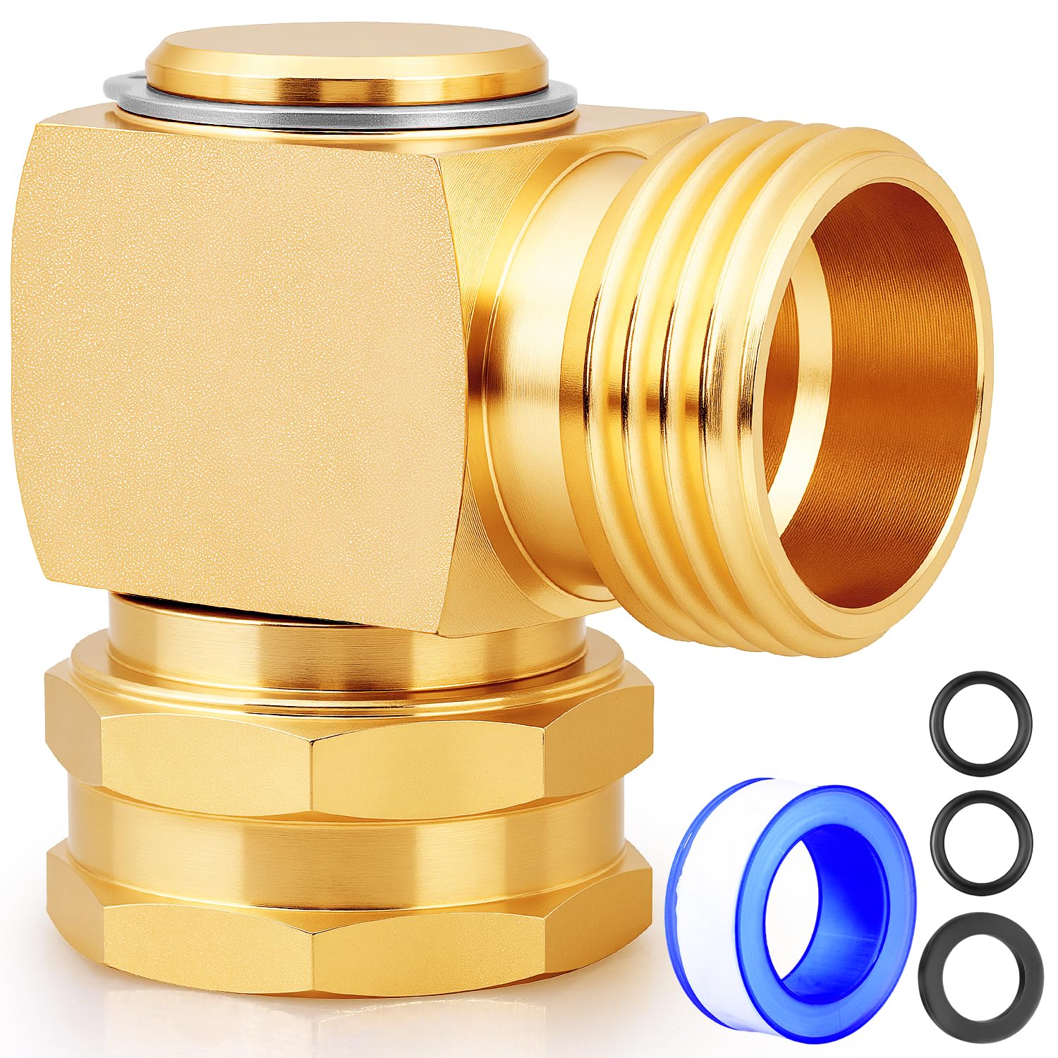 UNWAVER garden hose swivel elbow with 90 degree bend preventing kinks during watering.