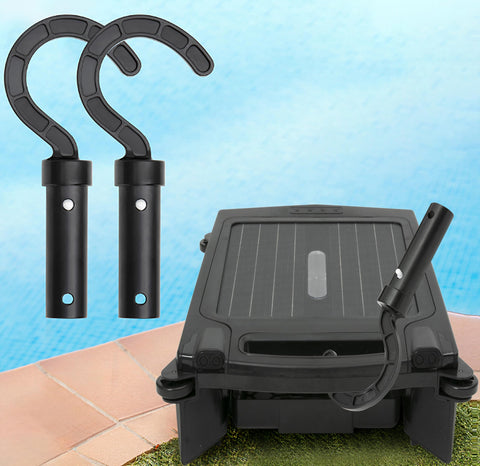 Multi-functional hook can hang robots, brushes, nets, and other pool cleaning tools.