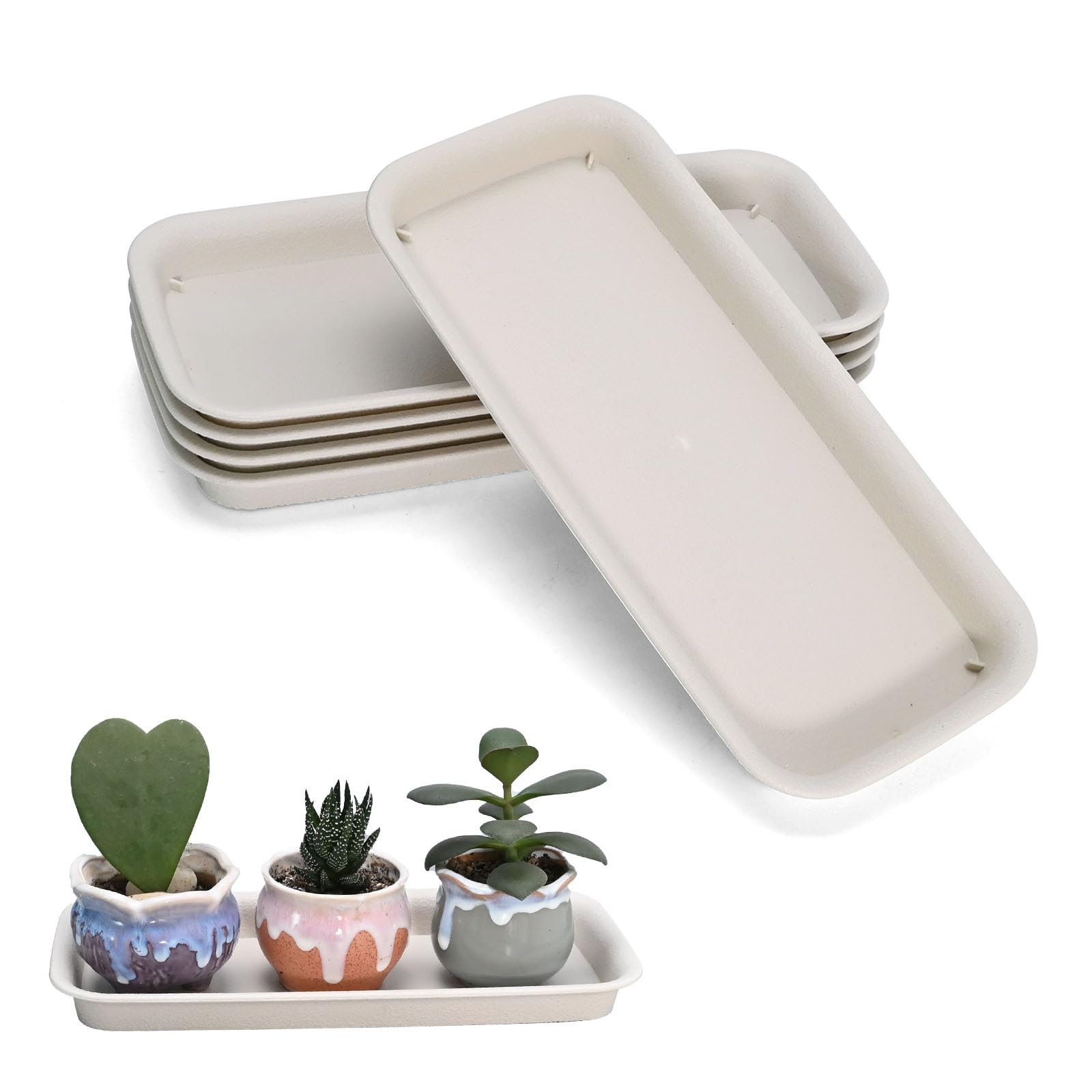 UOIENRT 5-pack rectangular plant saucers on a windowsill catching excess water