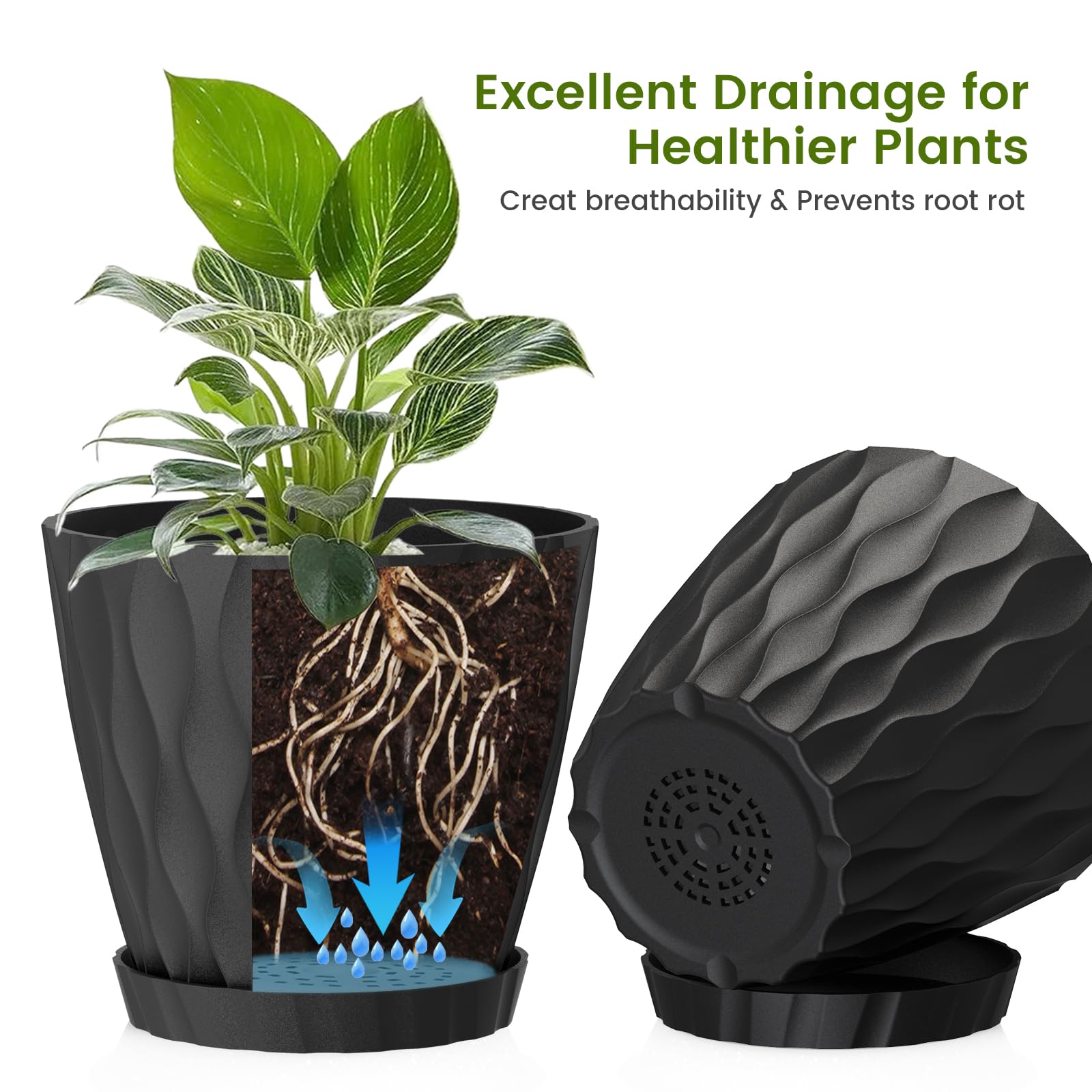UOUZ 8-inch plant pot with anti-slip tray protects surfaces.
