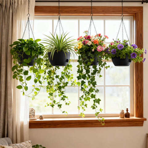 UOUZ black hanging planter side view showcasing durable weather-ready design