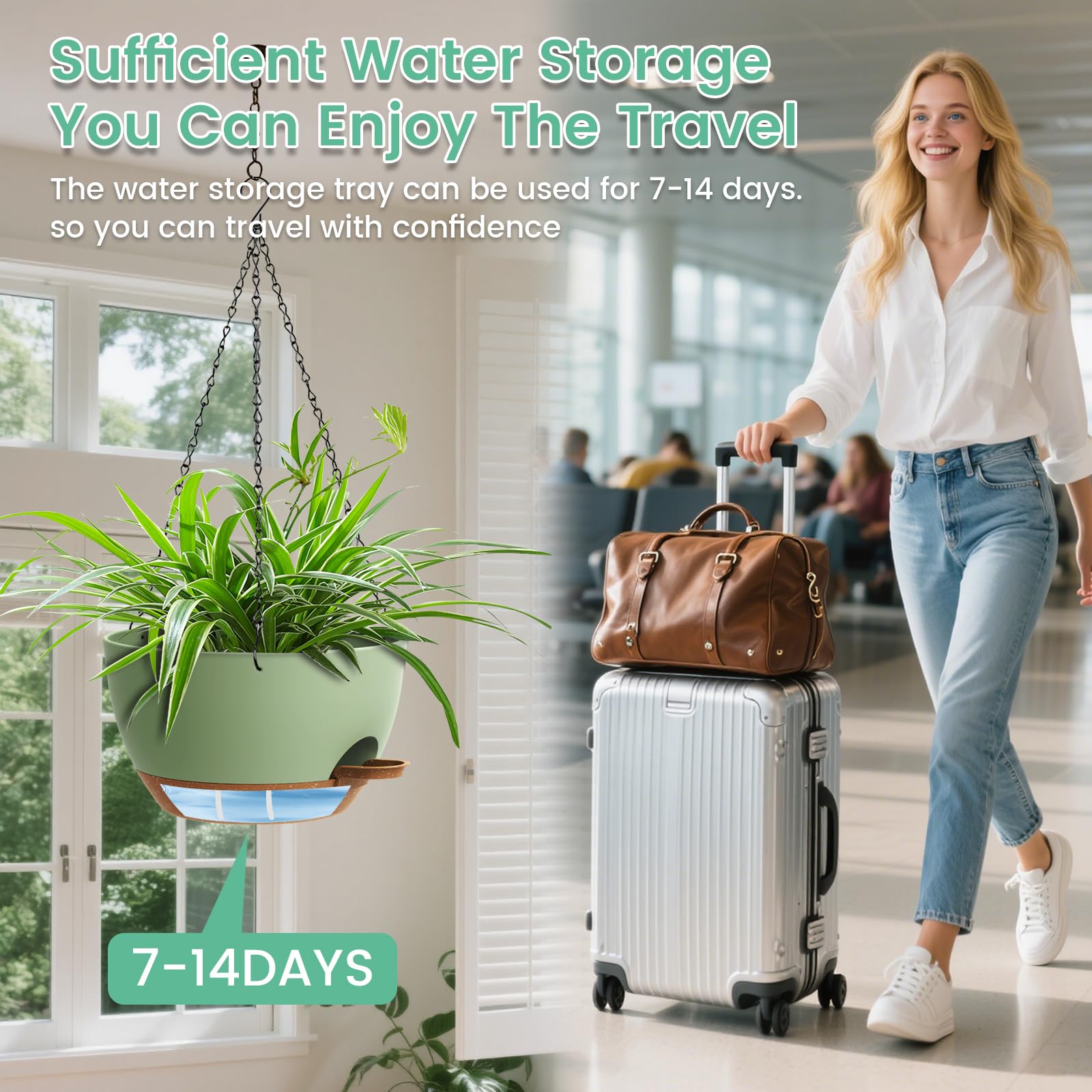 Self-watering design reduces soil loss and protects roots from waterlogging.