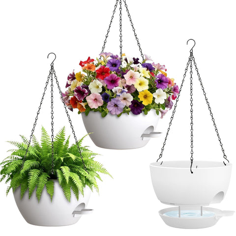 UOUZ self-watering hanging planter with drainage preserves root health and reduces overwatering.