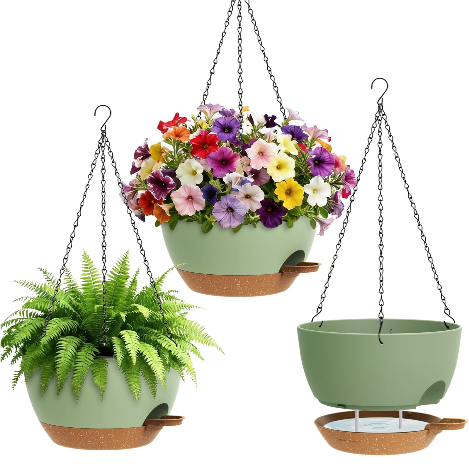 UOUZ self-watering hanging planter set for indoor or outdoor use with controlled watering.