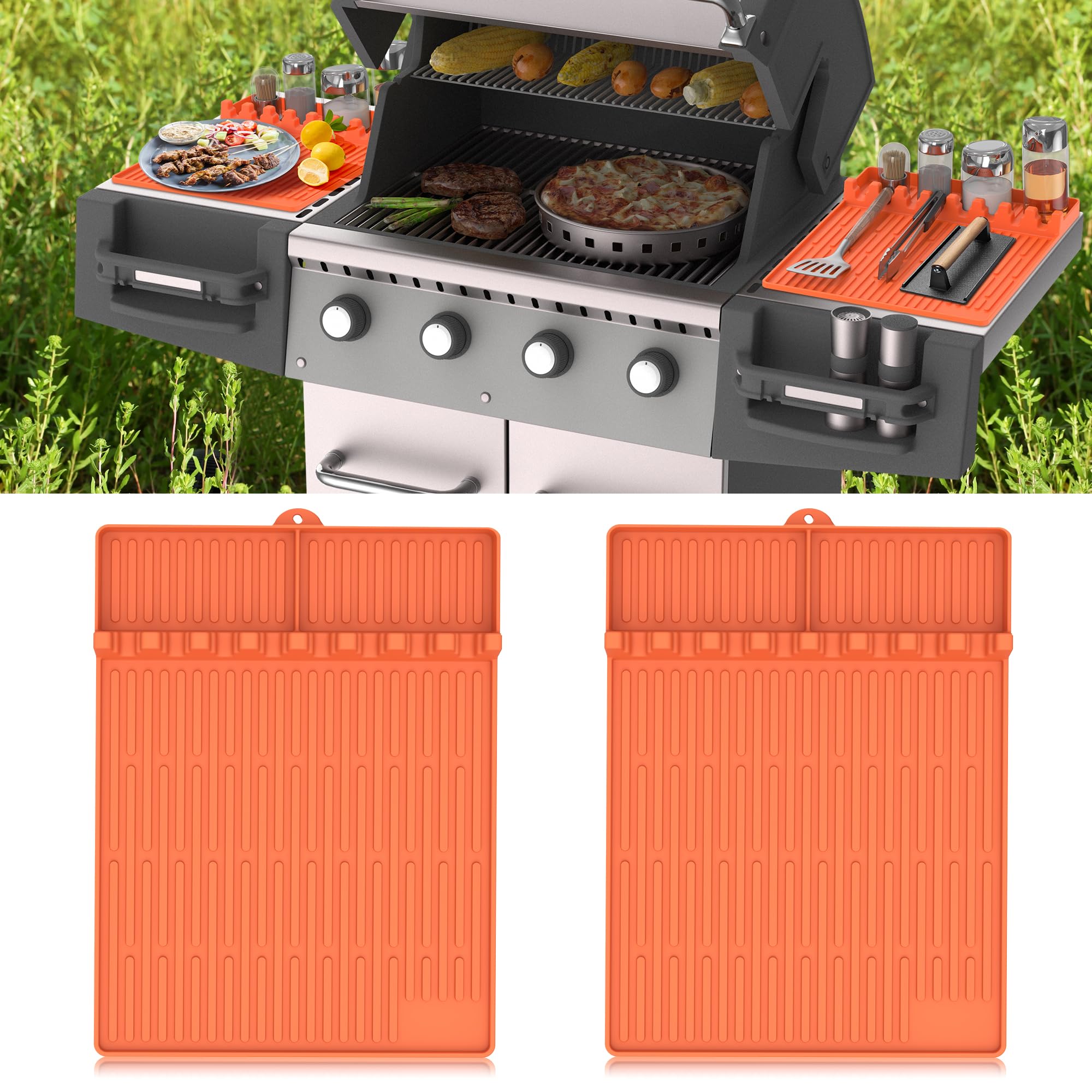 Uozuke silicone griddle tools mat orange with drip pad keeps cookware organized while grilling.