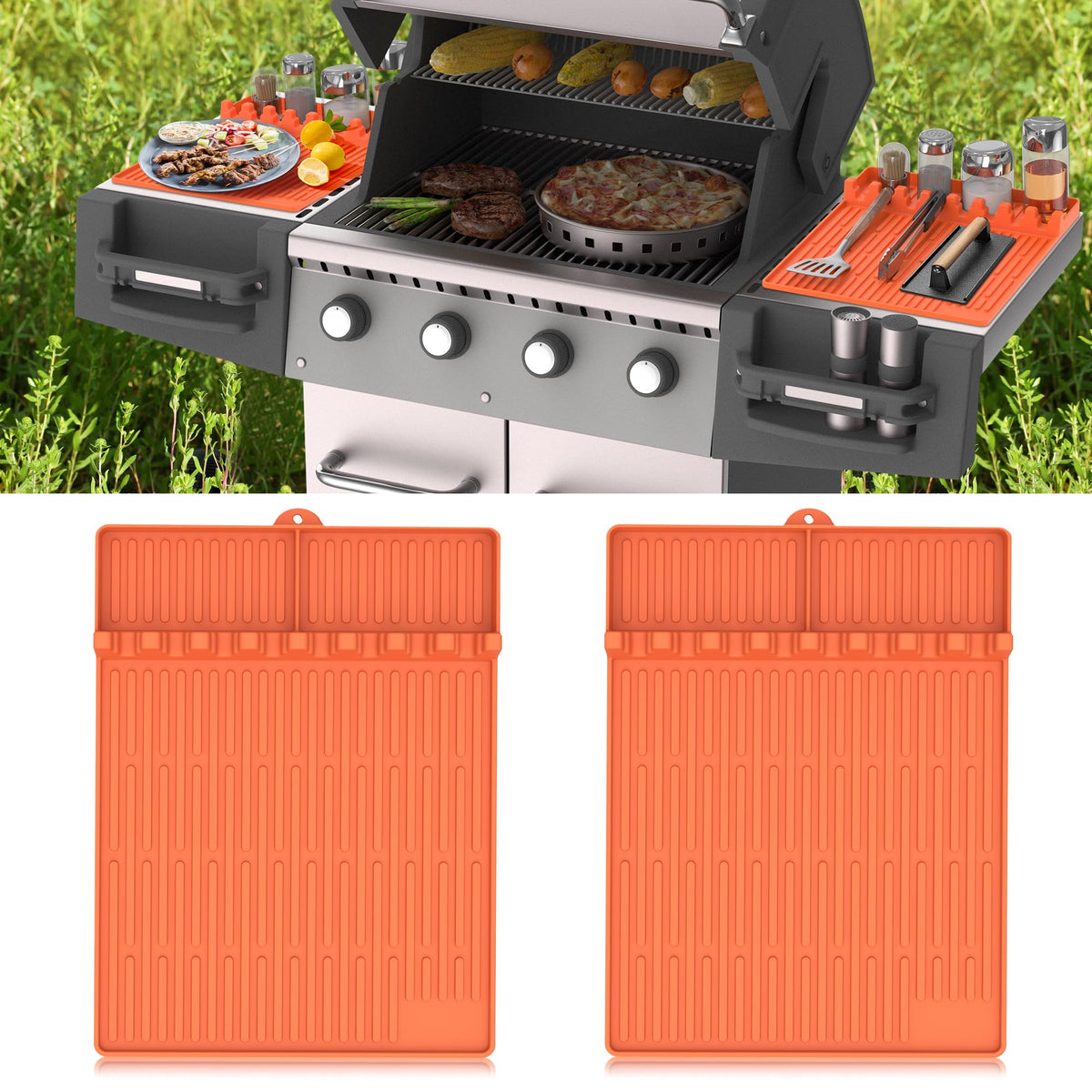 Uozuke silicone griddle tools mat orange with drip pad keeps cookware organized while grilling.