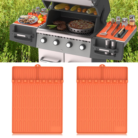 Uozuke silicone griddle tools mat orange with drip pad keeps cookware organized while grilling.
