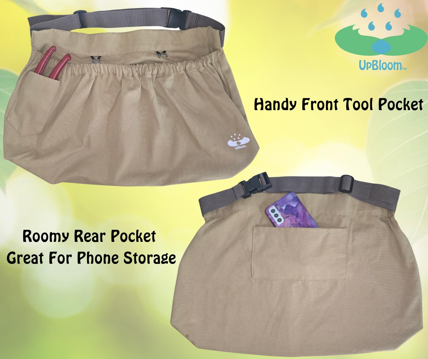 UpBloom harvest waist apron back pocket keeps essentials handy while weeding.
