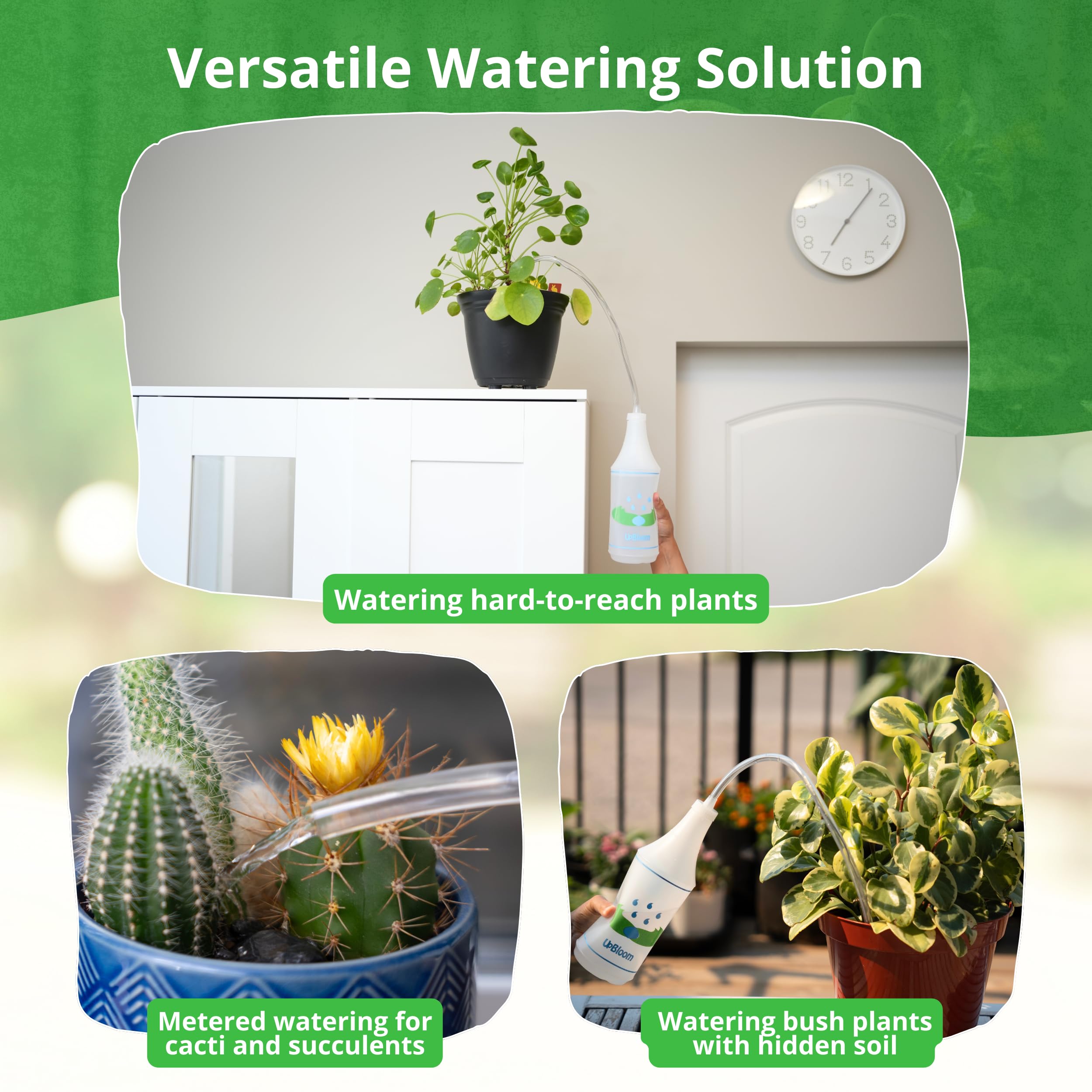 UpBloom precision spout reduces spills during hanging plant watering.