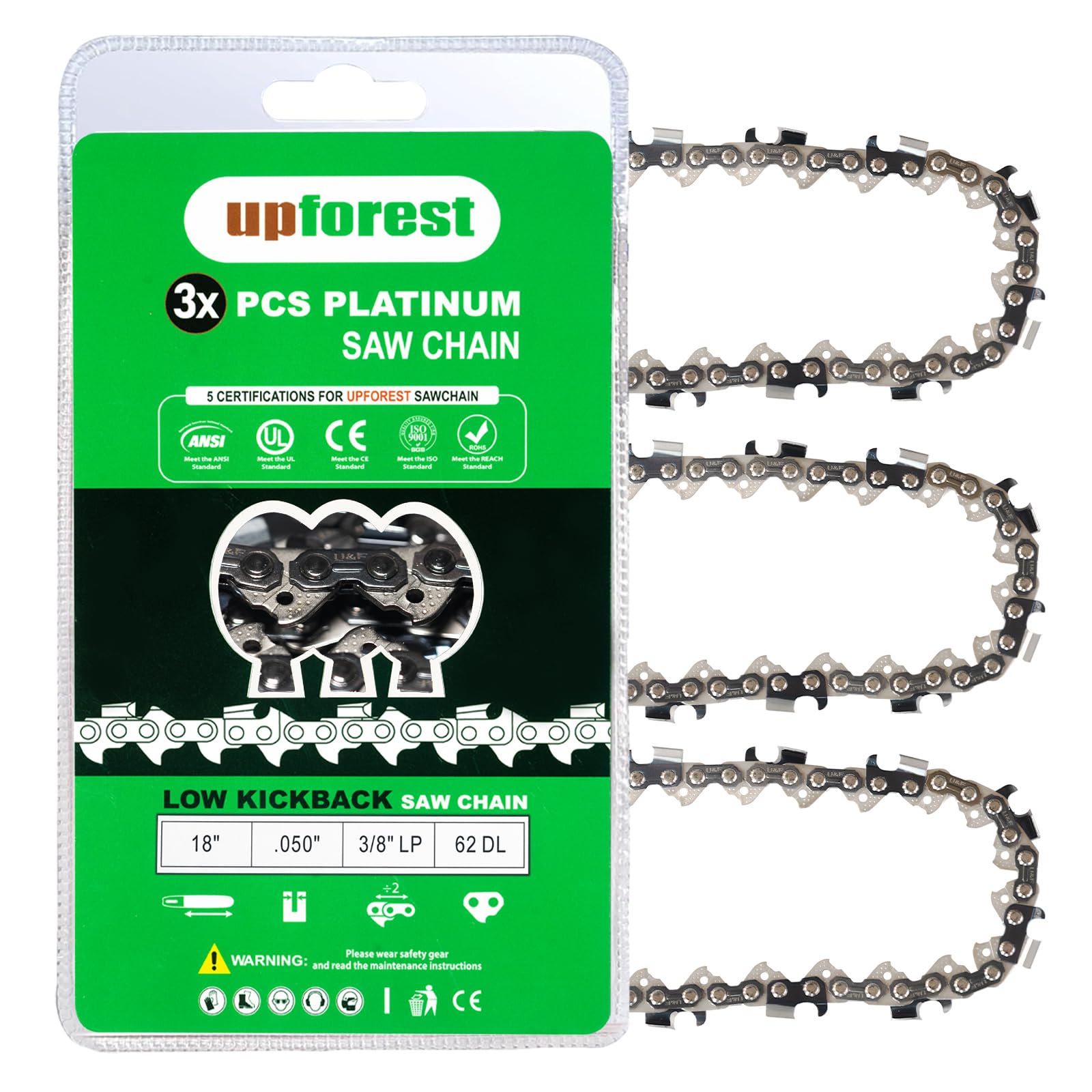 UPFOREST 18-inch chain close-up on Oregon CS1500 for precise cutting.