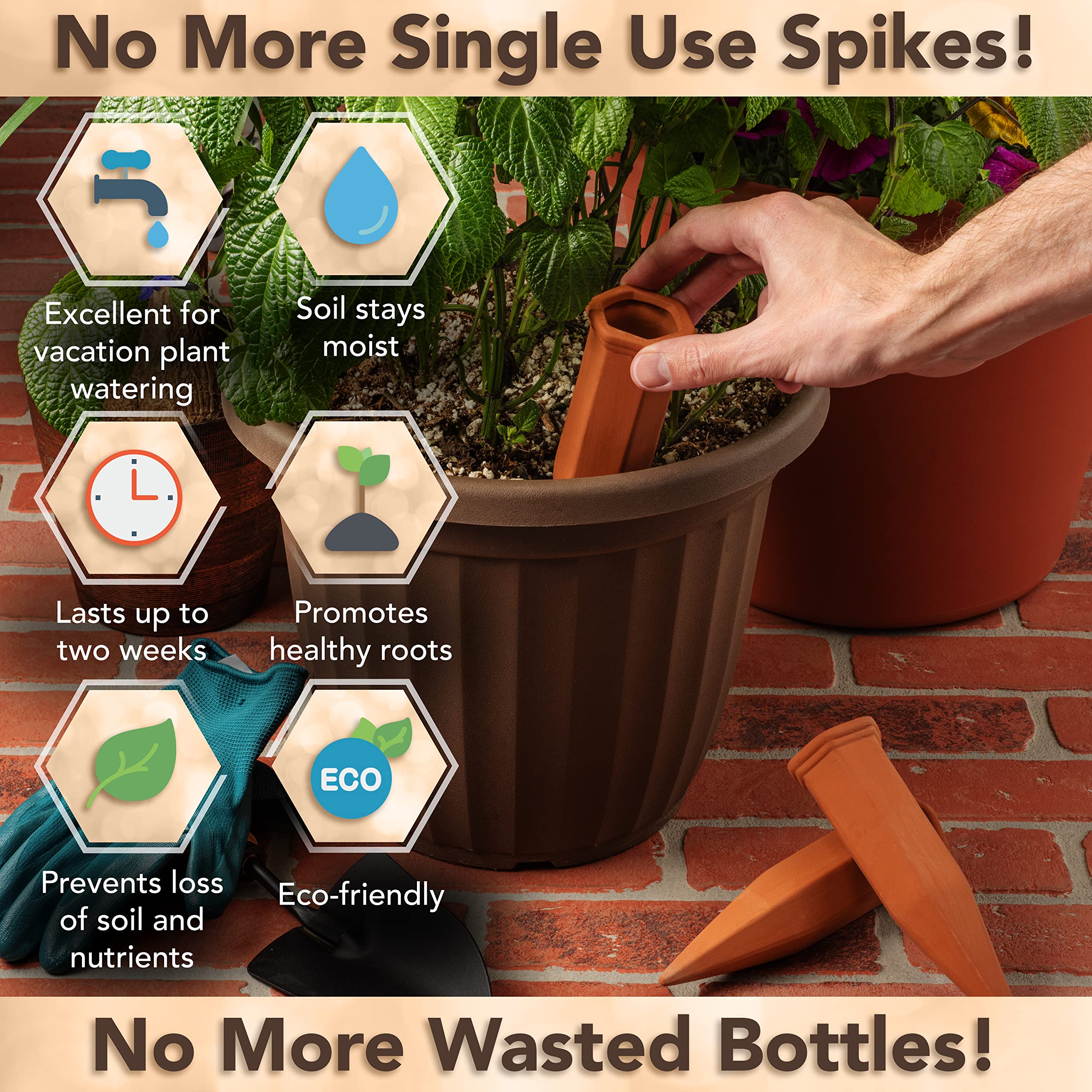 Upforesy terra cotta spikes closeup ensures steady moisture for leafy indoor plants.