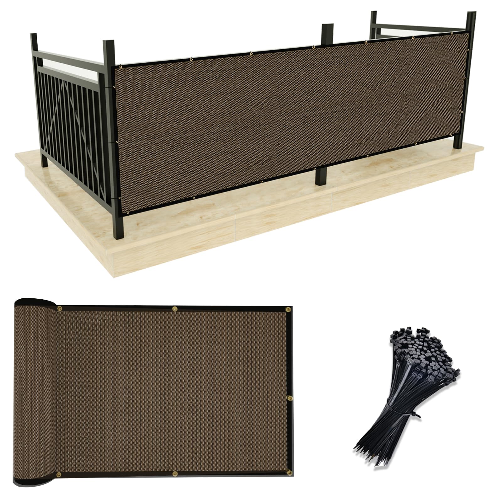 Upgrade balcony privacy screen mocha angled view showing shade and privacy.