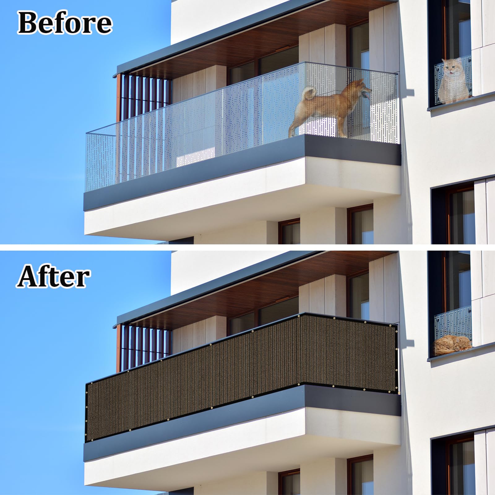 Upgrade fence privacy screen installed on railing closed configuration for privacy.