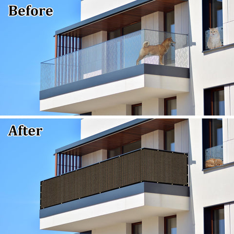 Upgrade fence privacy screen installed on railing closed configuration for privacy.