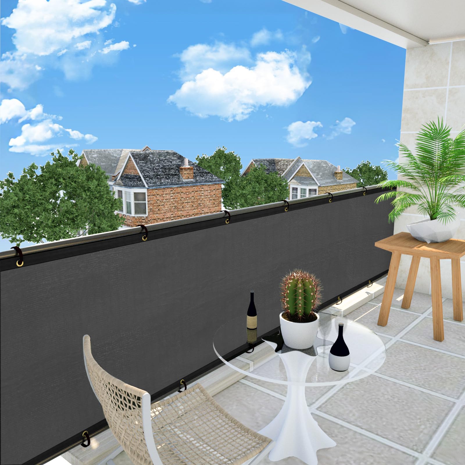 Backyard setup showing private space using the UPGRADE screen for garden seclusion.