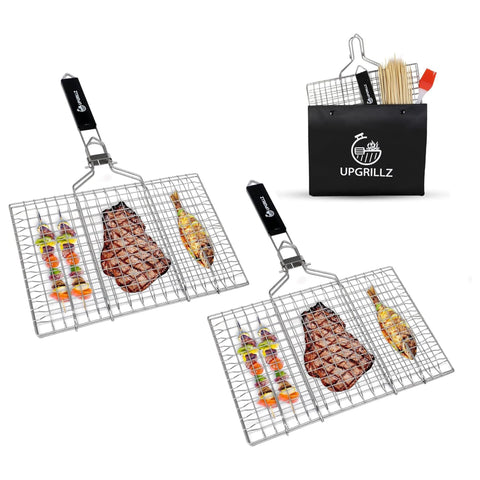 Upgrillz fish basket with foldable handle for easy outdoor grilling.