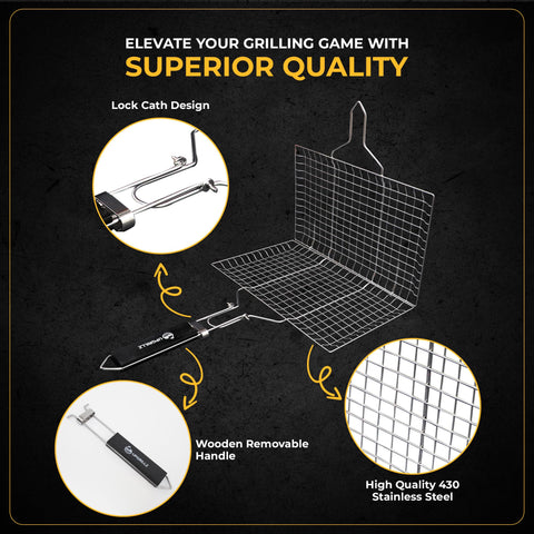 Upgrillz fish basket measures 12.6 by 8.6 inches for even heat.