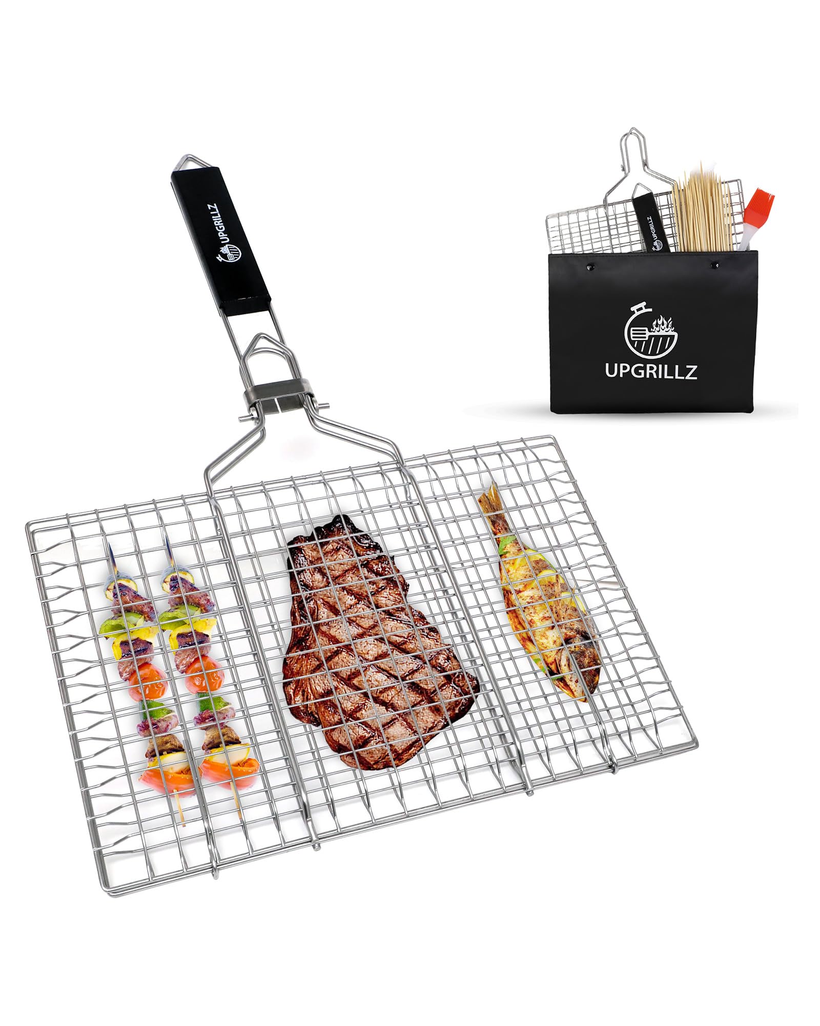 Upgrillz fish grill basket with folding wooden handle for easy grilling maneuverability