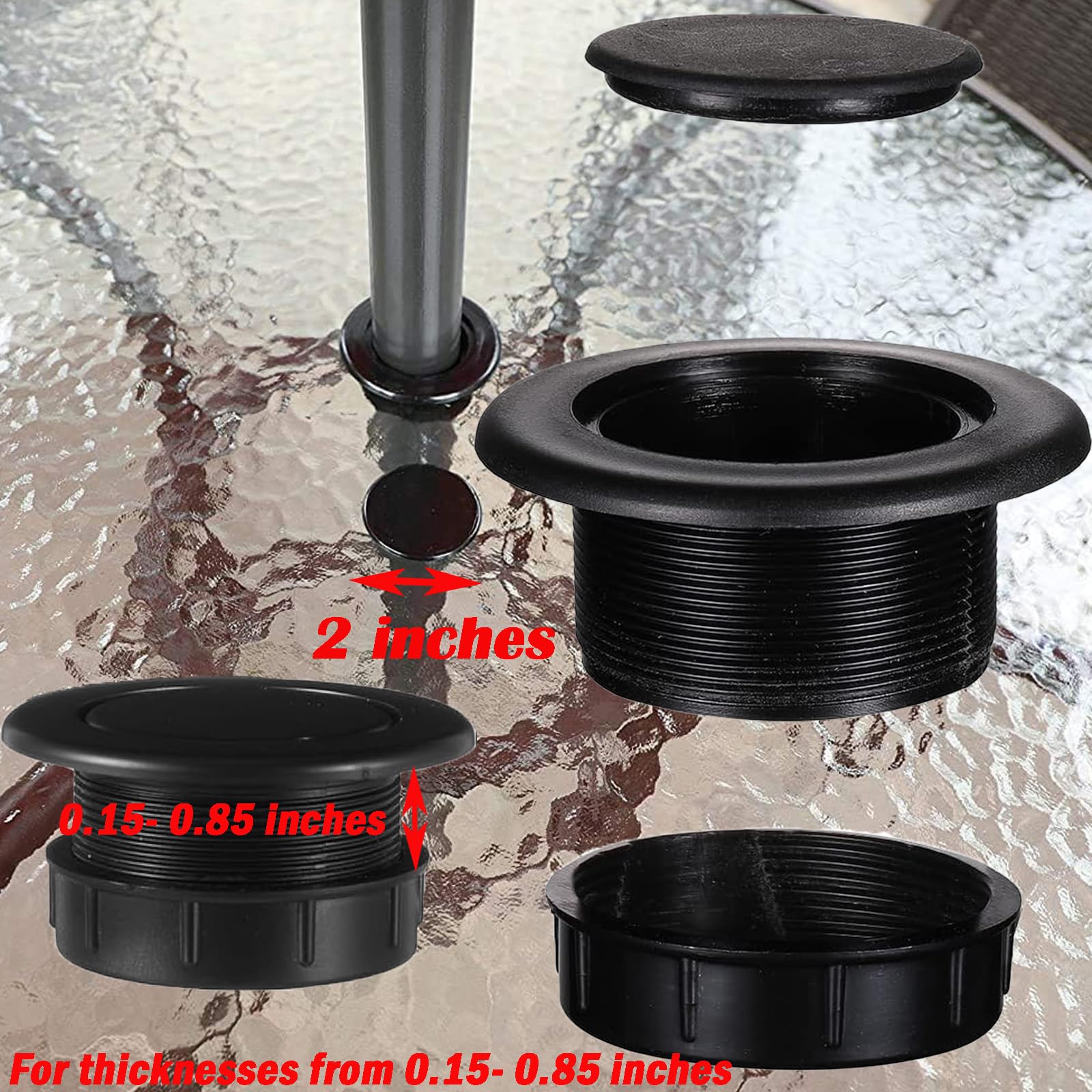UpinFun umbrella hole cap seals the hole for a neat, finished tabletop.